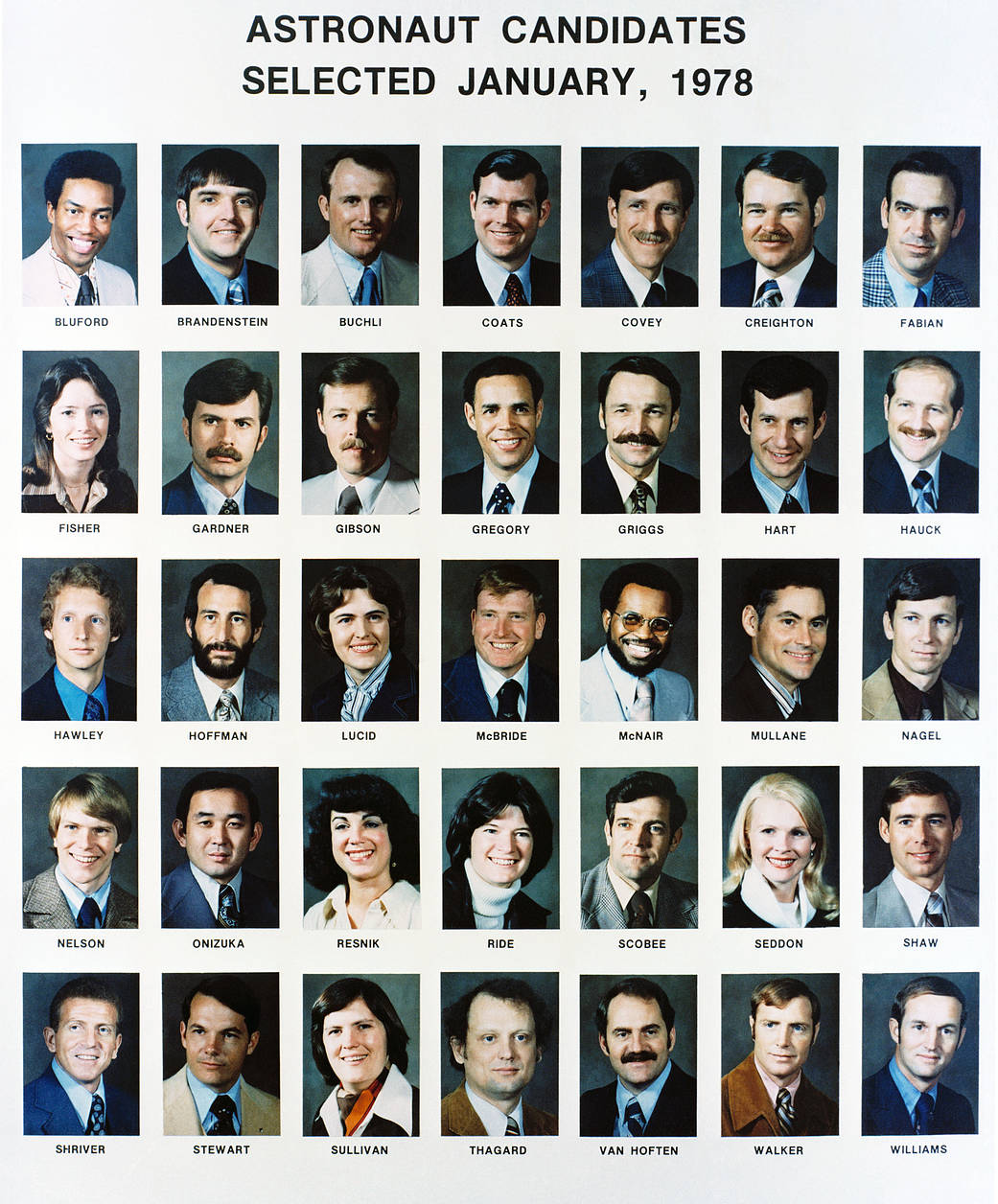 Montage of thirty-five portrait photos of 1978 astronaut class members