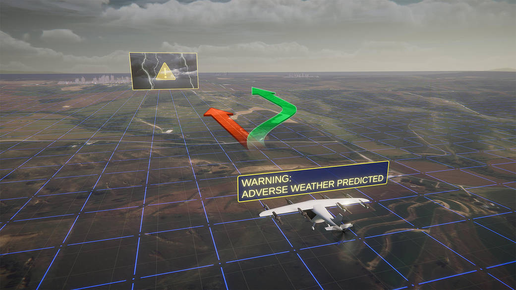 This concept art represents how the addition of automated technologies on the aircraft like hazard avoidance could help ensure the new class of aircraft that industry is developing is safe to operate.