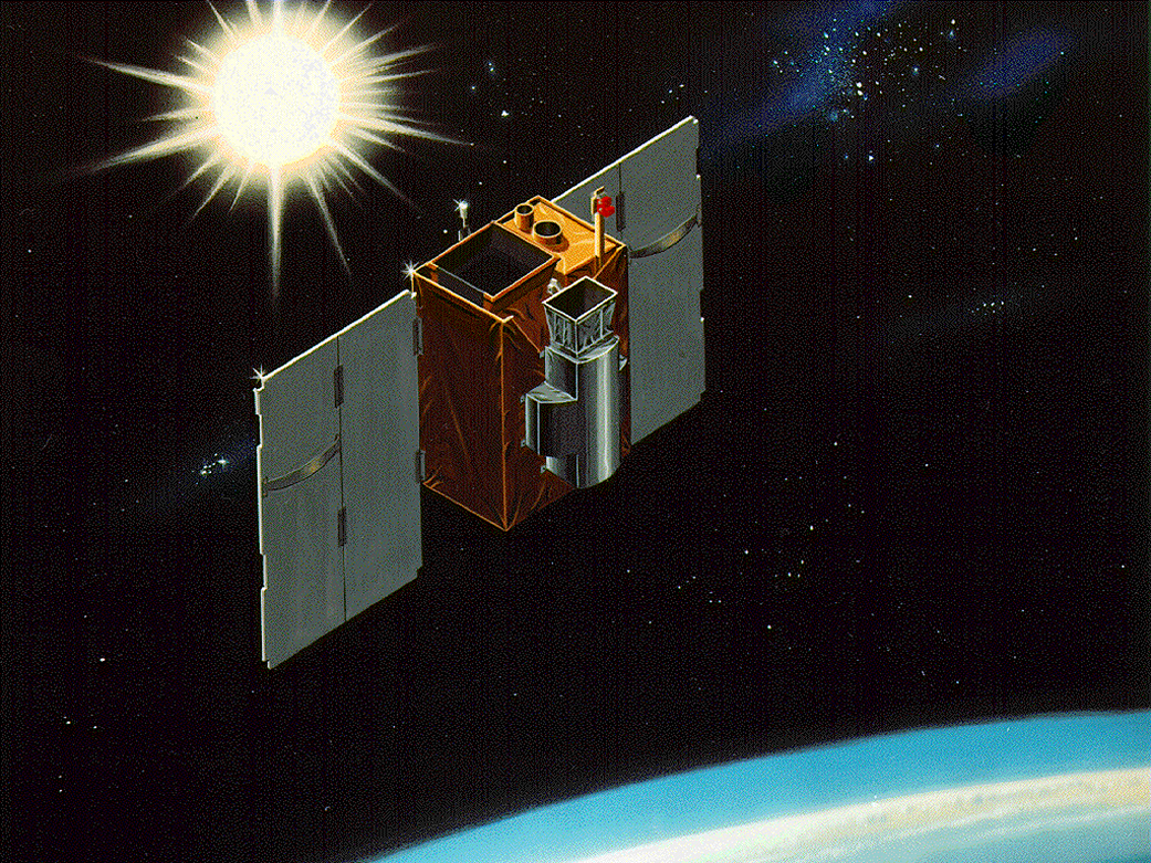 An artist's concept of the Solar Anomalous and Magnetospheric Particle Explorer (SAMPEX) spacecraft in space.