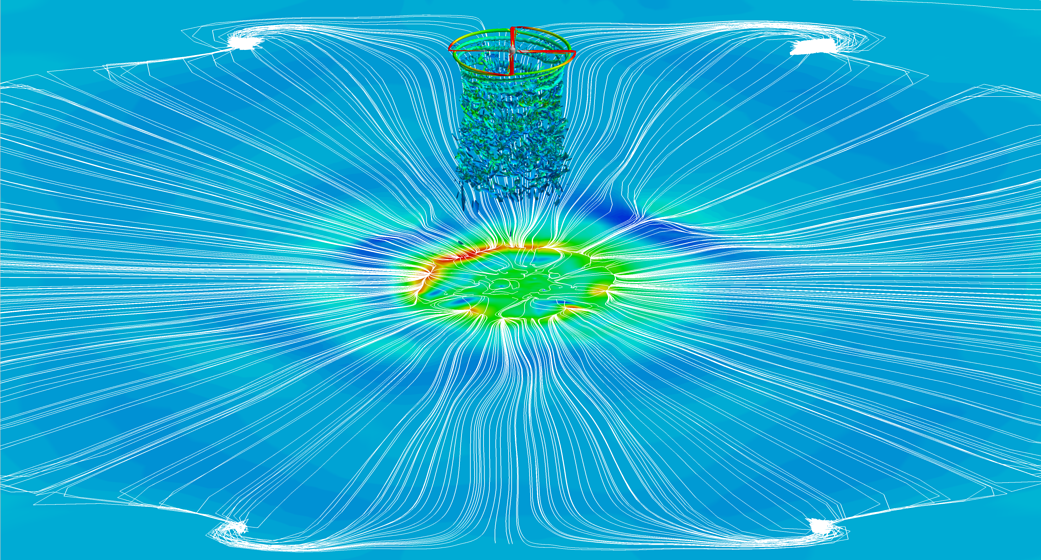 This visualization shows a pre-test hover simulation of a rotor within the 80x120-ft test section of the NFAC.