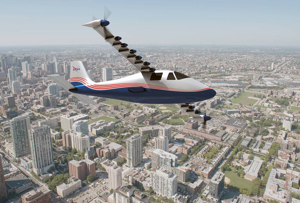 Artist's concept of NASA's X-57 Maxwell aircraft in flight over a city environment.