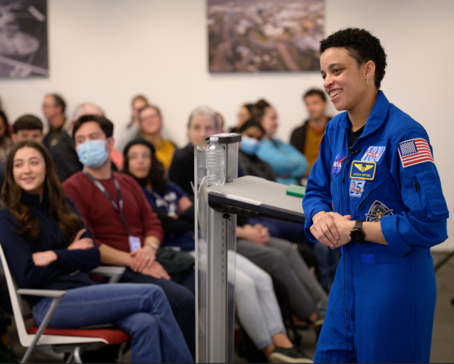 Astronaut Jessica Watkins speaking at Ames Feb. 28, 2023.