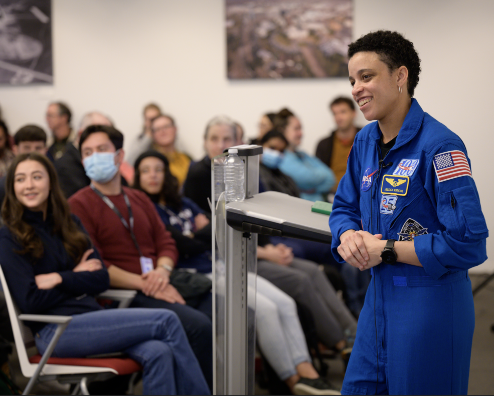 Astronaut Jessica Watkins speaking at Ames Feb. 28, 2023.