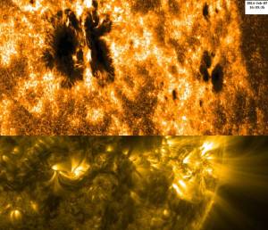 View of a Sunspot captured by Hinode. It's two photos of orange and yellow with black spots.