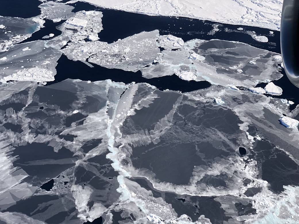 Sea ice forms in the open water between floes, called leads, in the Bellingshausen Sea. ICESat-2 is able to detect the thin sea 