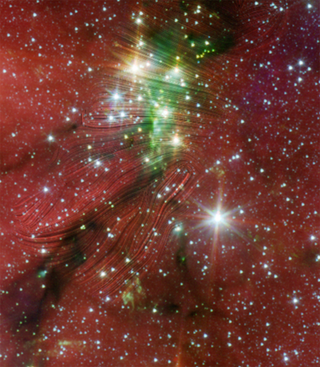 Streamlines over an image of a red stellar cloud. The lines in the lower area are aligned with dark, narrow lanes in the cloud