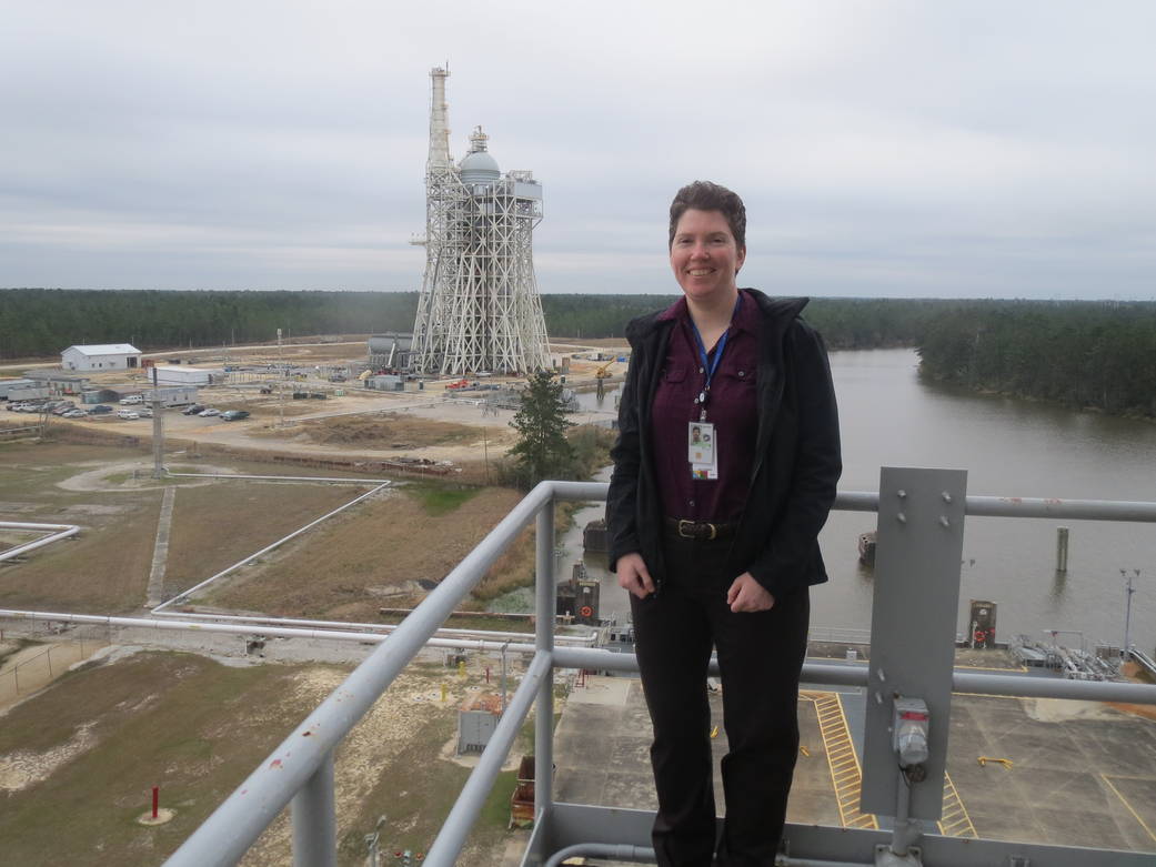 High above the ground, Carla Guzzardo stands near A-3 test stand at Stennis Space Center