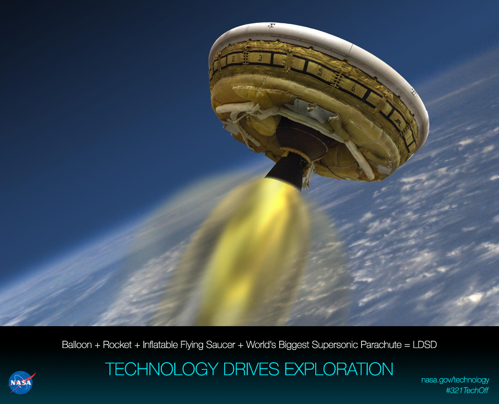 Balloon + Rocket + Inflatable Flying Saucer + Worlds Biggest Supersonic Parachute = LDSD. nasa.gov/technology. #321TechOff