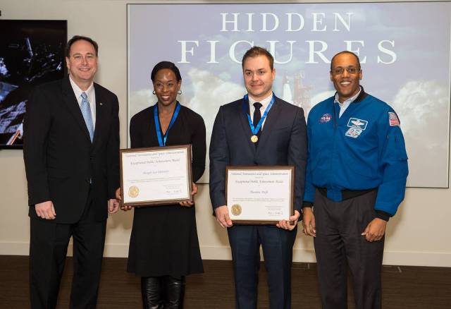 Ted Melfi and Margot Lee Shetterly after they were awarded NASA Exceptional Public Achievement Medals