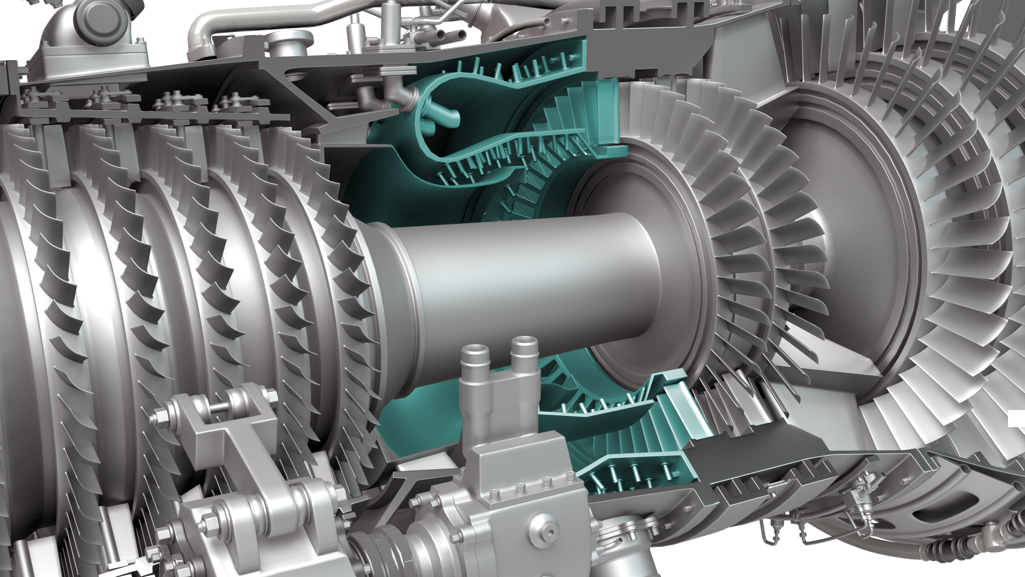 Technical rendering of mechanical turbofan jet with multiple layers of fan blades and other metal components.