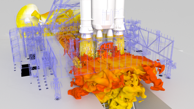 Plumes of red and yellow simulated fire jettison out of a rocket's engines, held up by the outline of a launch pad in purple.