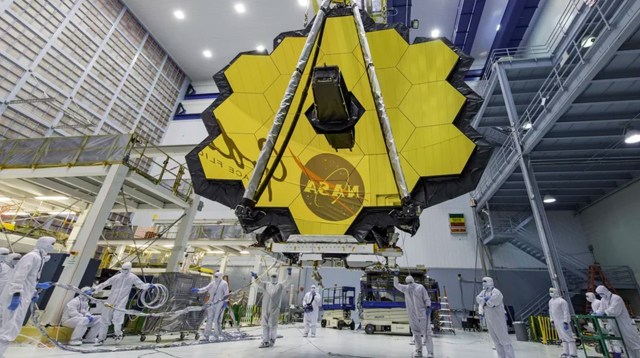 James Webb Space Telescope (JWST) team in clean room facility at Goddard Space Flight Center