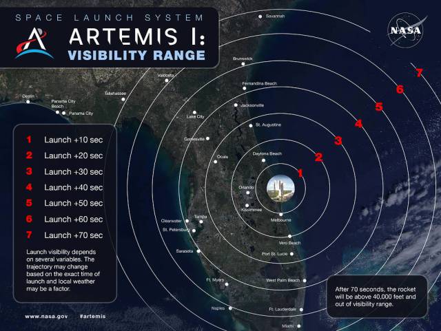 This infographic labeled “Artemis I: Visibility Range” depicts the areas that could potentially spot Artemis I after liftoff. The Space Launch System rocket and Orion spacecraft could be seen along the Space Coast for up to 70 seconds after liftoff. 
