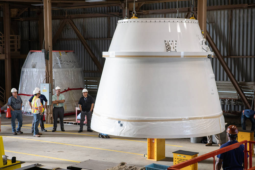 The two aft exit cones for the SLS boosters arrive at NASA's Kennedy Space Center in Florida.