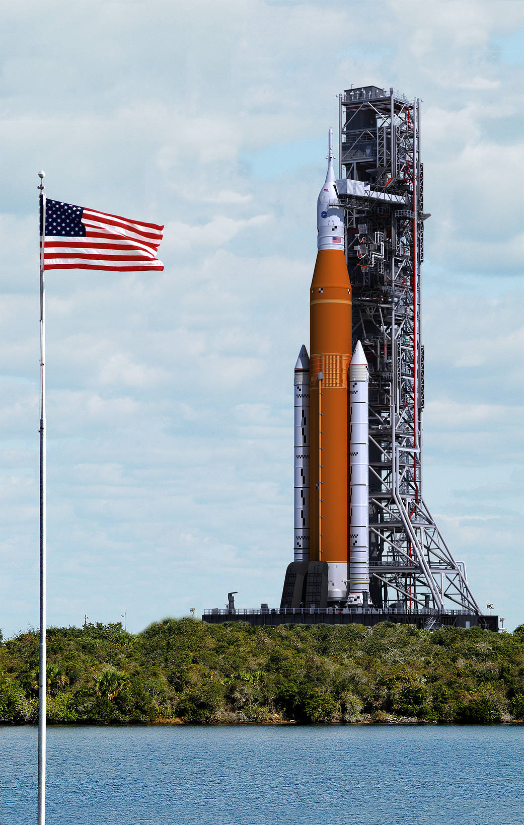Artist concept of NASA's Space Launch System (SLS) on the launchpad