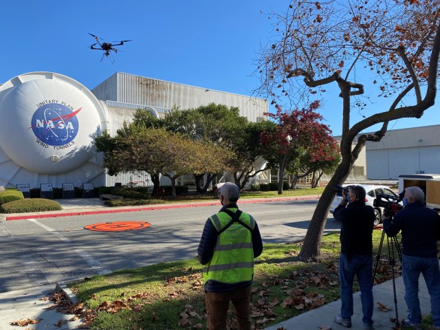 A small Unmanned Aircraft System drone is flown at Ames Research Center in December 2021.