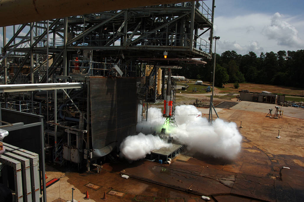 A 5-percent scale model, including solid rocket motors, of NASA's Space Launch System (SLS) is ignited to test how low- and high