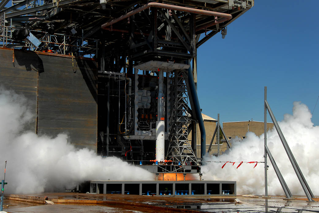 A scale model of the Space Launch System core stage fires up for another round of acoustic testing at the Marshall Center.