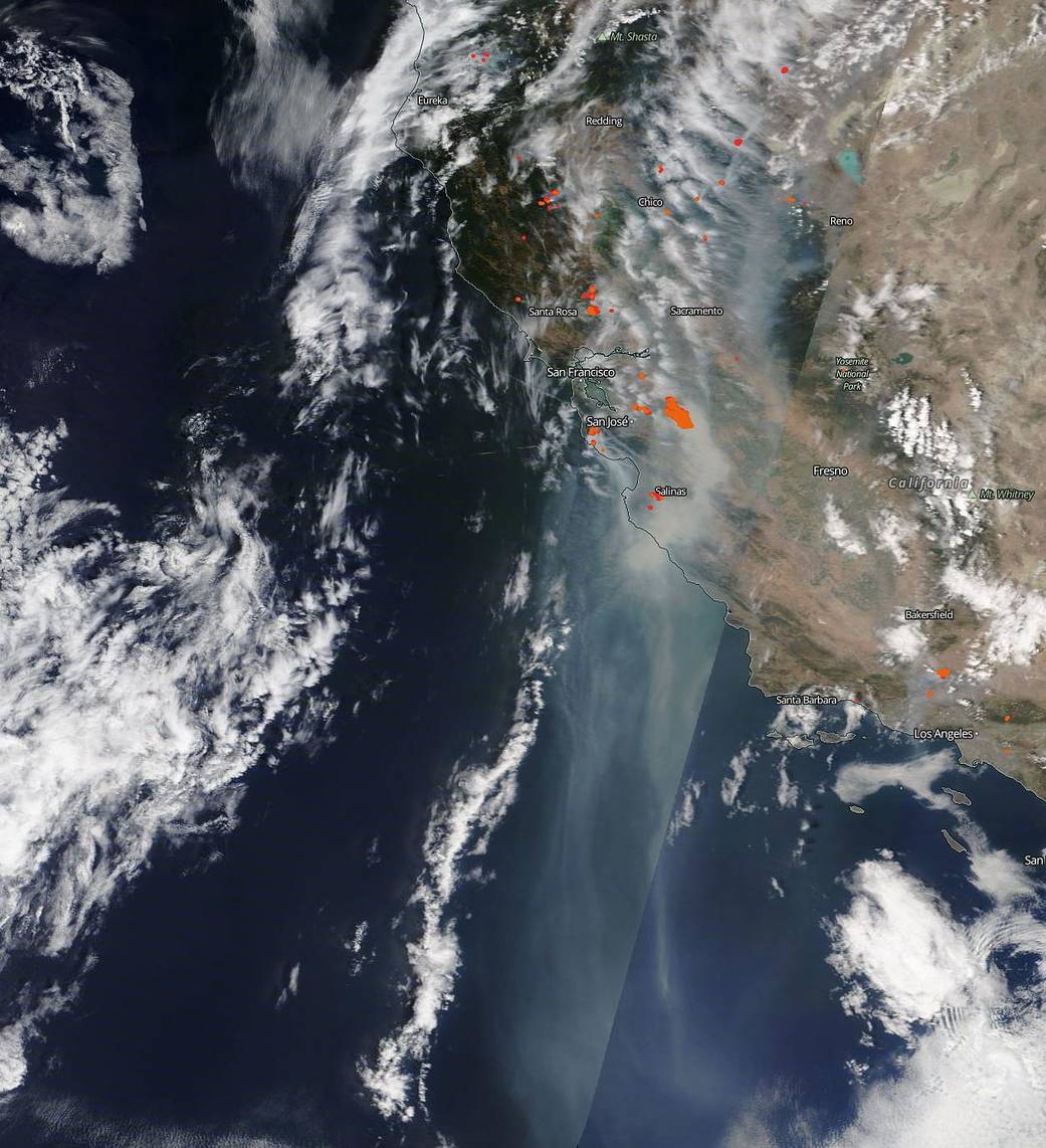Terra image of California wildfires and smoke from them
