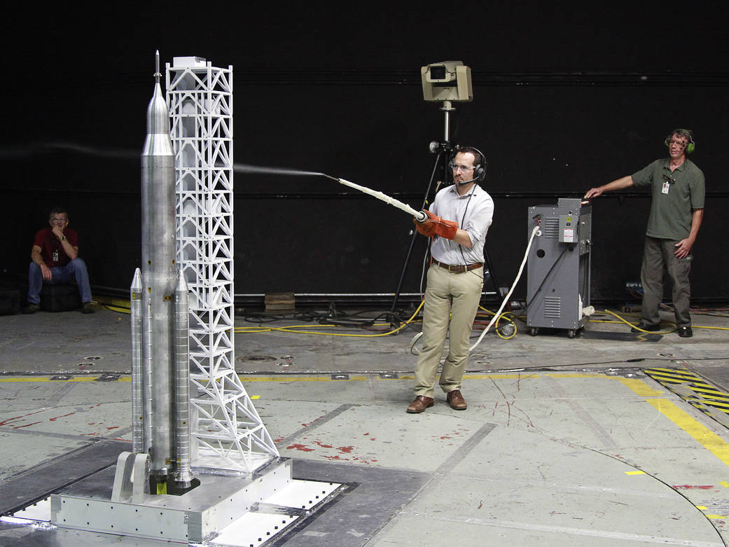 During the transition testing of a model of the Space Launch System, engineers used a technique called smoke flow visualization.