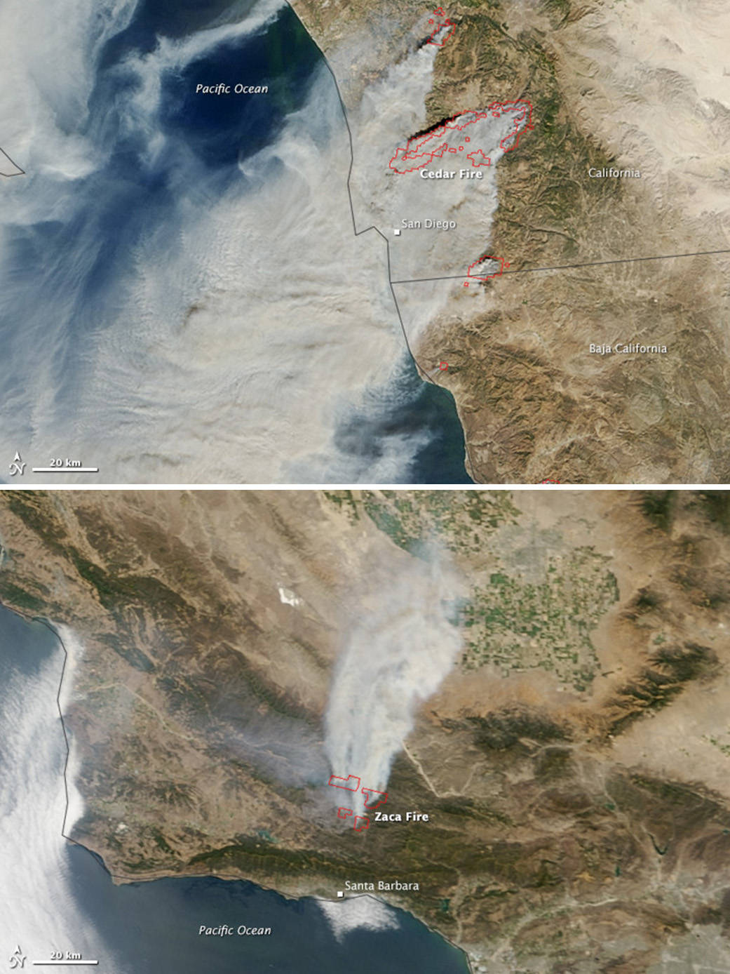 Two images of Santa Ana fires in Southern California