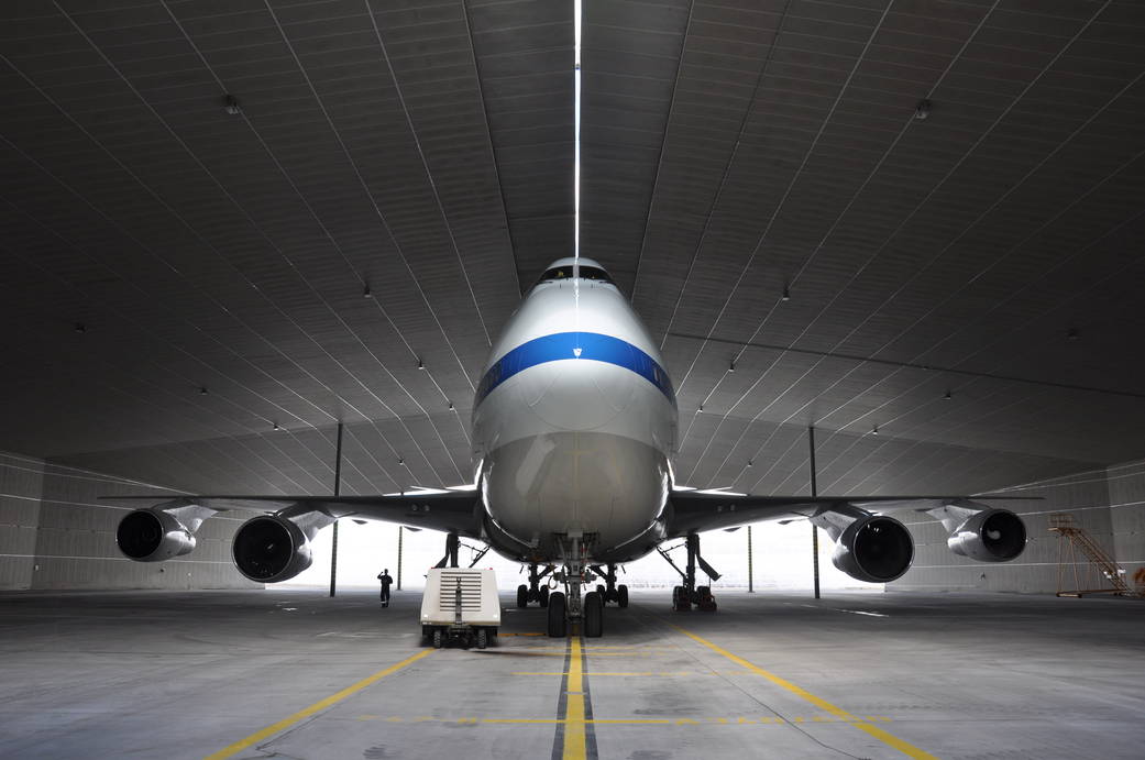 NASA's SOFIA is shown inside the cavernous Lufthansa Technik hangar in Hamburg, Germany