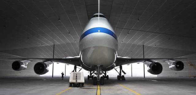 A 747 aircraft inside a hangar.