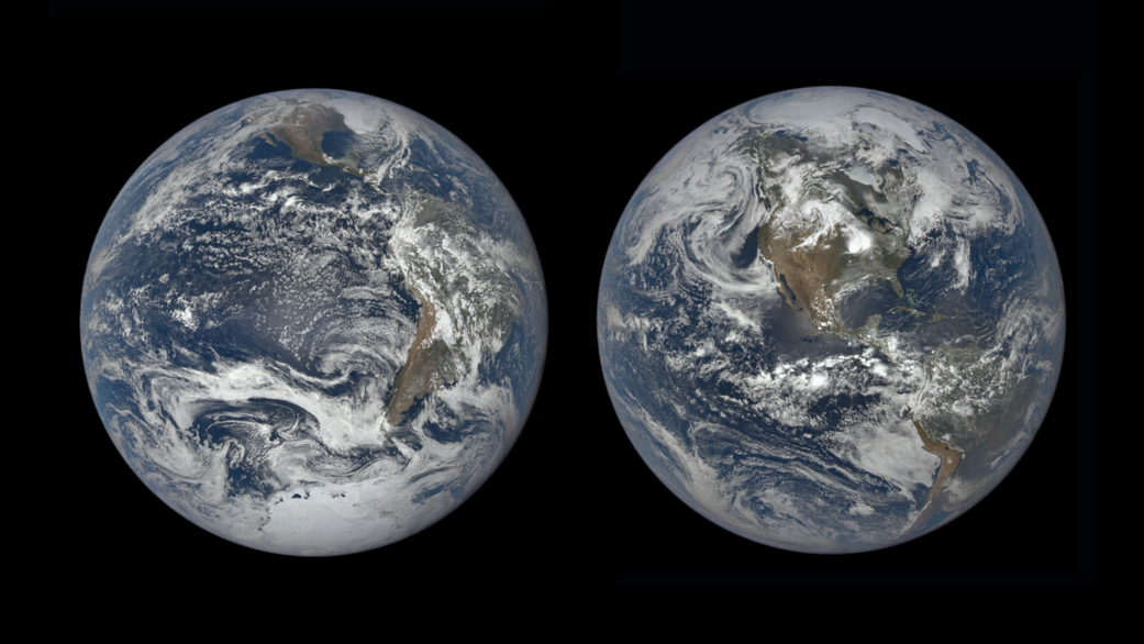 Two views of Earth show the difference in its tilt — on the left, the northern hemisphere is tilted away from the Sun, and on the right, it's tilted towards the Sun.