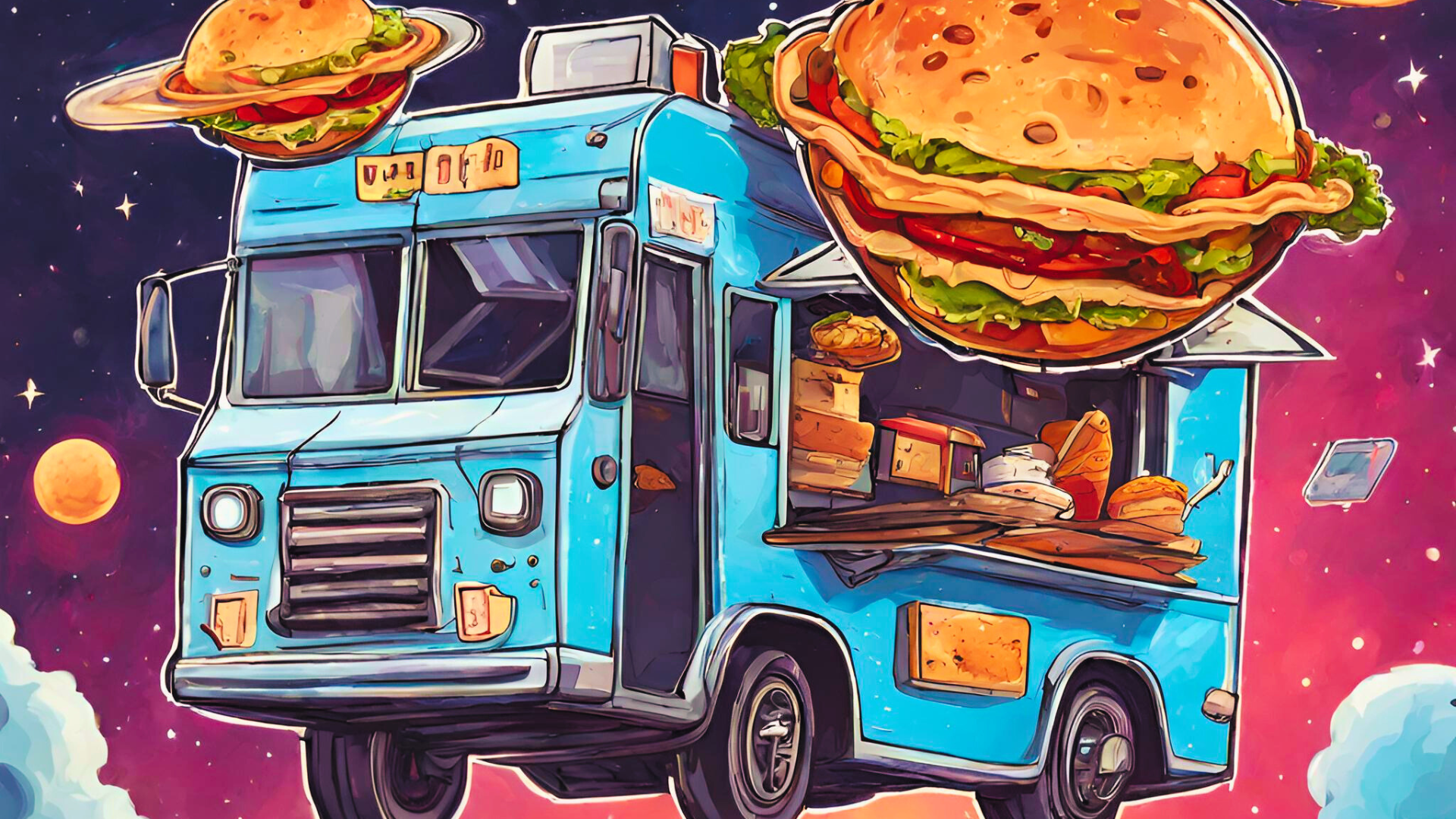 an illustration of a food truck flying through space with hamburgers on it