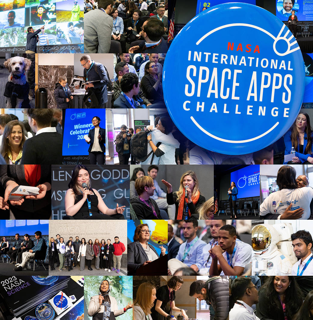 Photo collage showing images from the Winners’ Event. There is a large blue pin that reads “NASA International Space Apps Challenge.”
