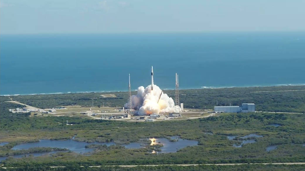 SpaceX Falcon 9 and Dragon cargo module launch on CRS-19 from Space Launch Complex 40 at Cape Canaveral Air Force Station.