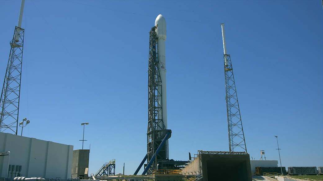A SpaceX Falcon 9 rocket stands ready to launch NASA's TESS from Space Launch Complex 40.