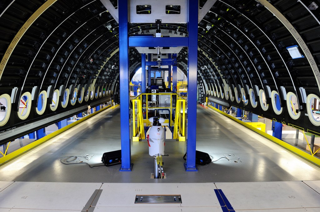 Inside view of a hollow fuselage getting assembled.