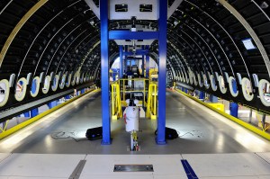 Inside view of a hollow fuselage getting assembled.