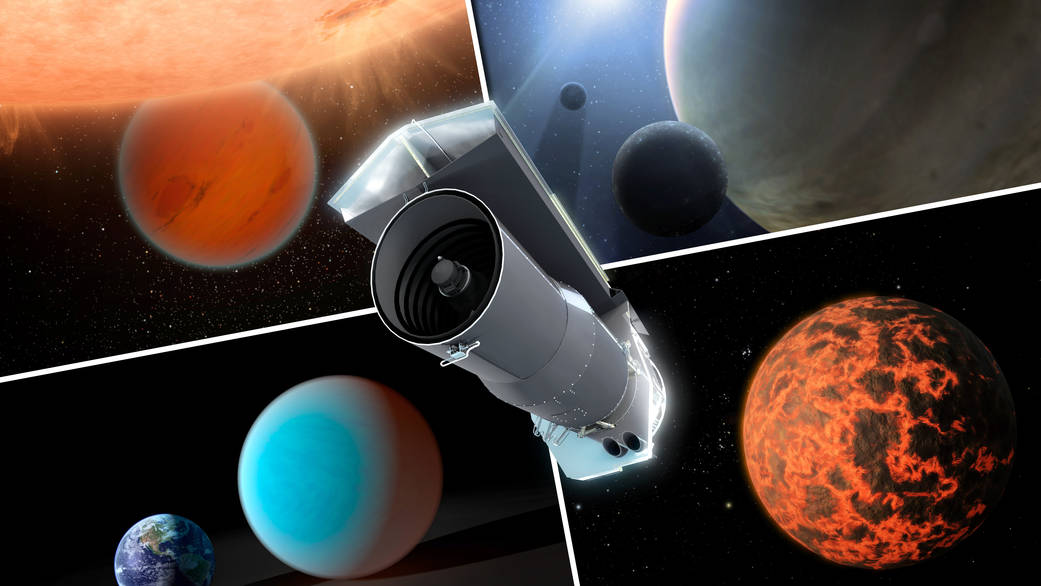 This artist's concept shows Spitzer surrounded by examples of exoplanets the telescope has examined
