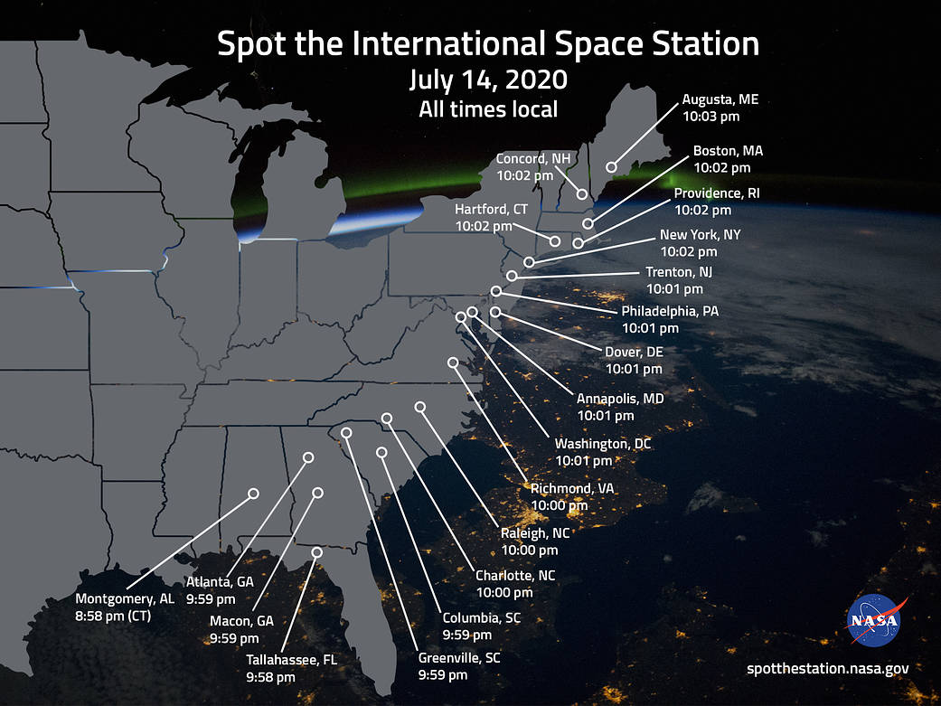 Graphic showing visibility of the International Space Station over the Eastern U.S. on July 14, 2020