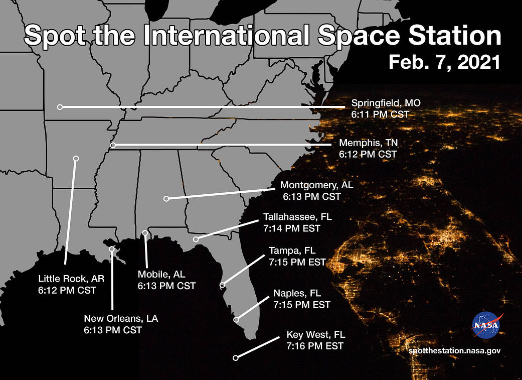 Opportunities to spot the International Space Station over the southeastern U.S. on Feb. 7, 2021