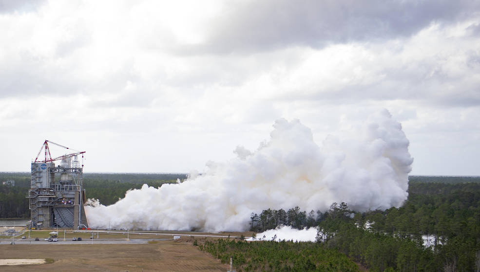 NASA conducts an RS-25 hot fire on the Fred Haise Test Stand at Stennis Space Center in south Mississippi on Feb. 22, 2023.