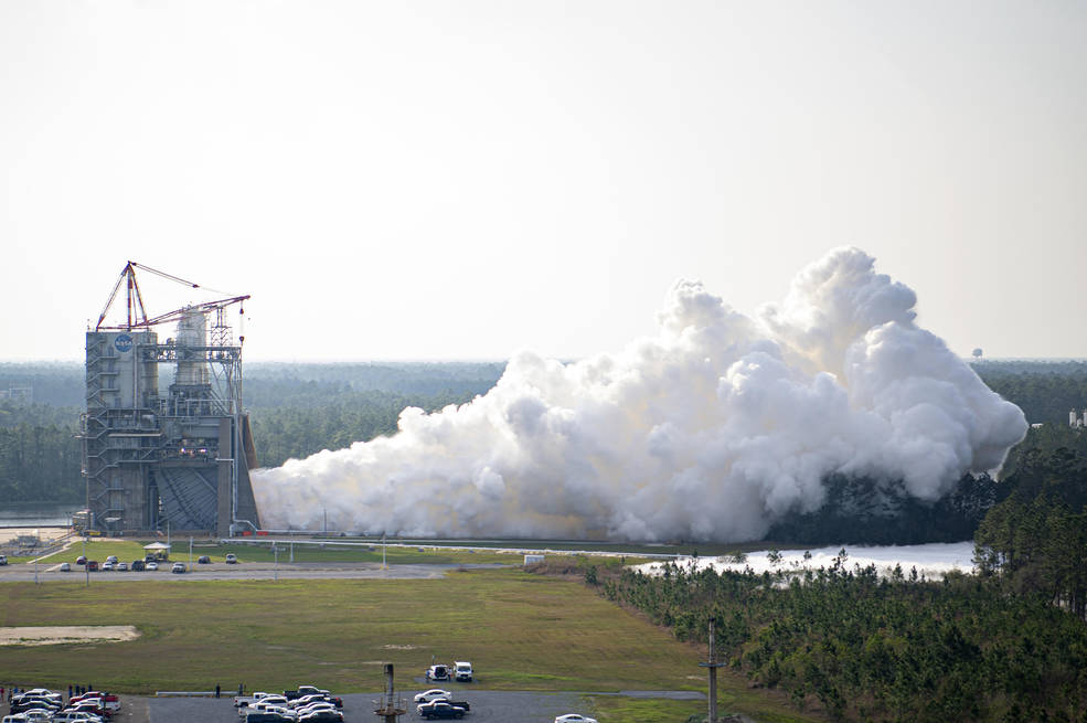 NASA conducts an RS-25 hot fire test on the Fred Haise Test Stand at NASA’s Stennis Space Center in south Mississippi on March 8, 2023.