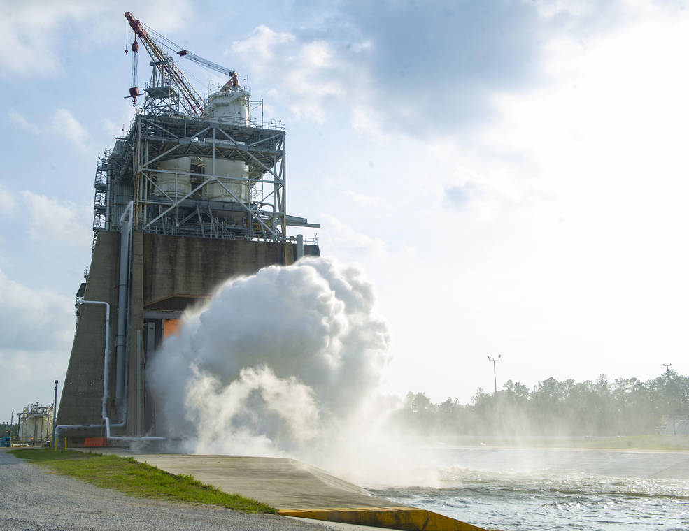A mounted field camera offers a close-up views as NASA conducts an RS-25 hot fire test 