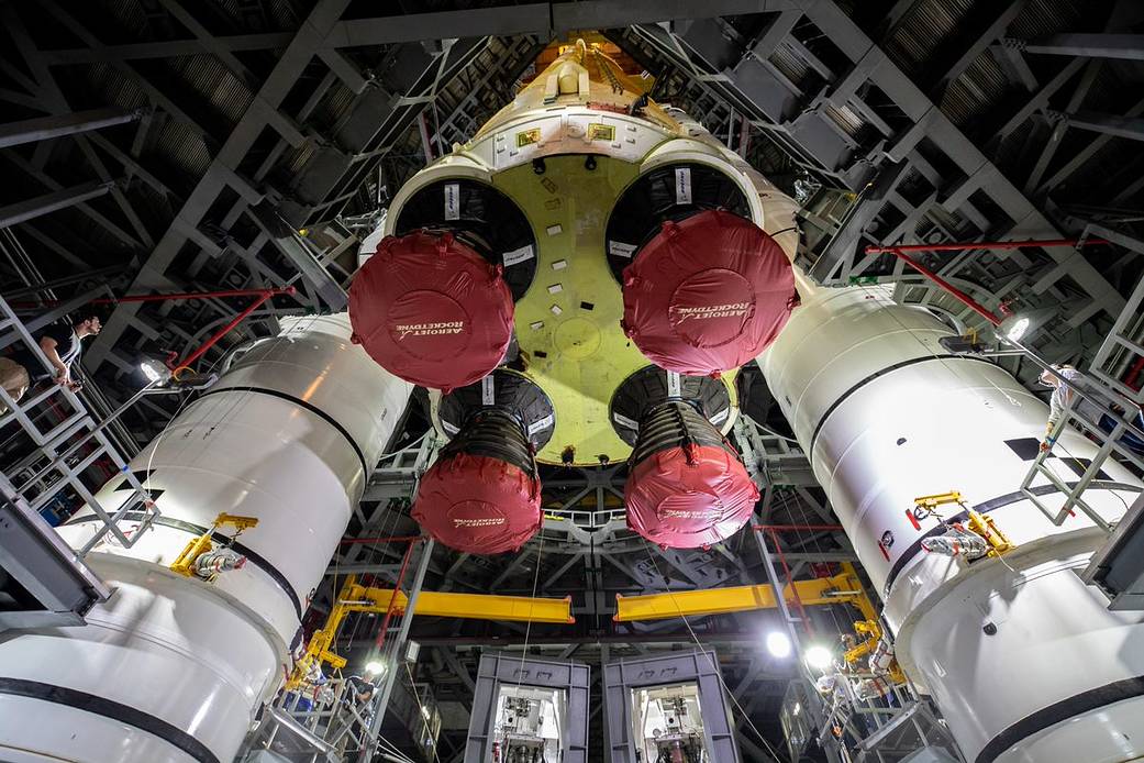 NASA's SLS core stage on the mobile launcher at Kennedy Space Center