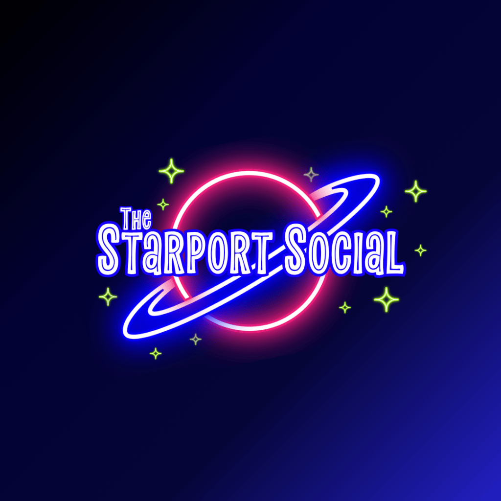 A planet neon light on a dark blue background with the words, 'the Starport Social' in front of it.