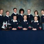 Crew members for the STS-71 mission and the related Mir missions assembled for a crew portrait at JSC. In front are, left to right, Vladimir N. Dezhurov, Robert L. Gibson and Anatoliy Y. Solovyev, mission commanders for Mir-18, STS-71 and Mir-19, respectively. On the back row are, left to right, Norman E. Thagard, Gennadiy M. Strekalov, Gregory J. Harbaugh, Ellen S. Baker, Charles J. Precourt, Bonnie J. Dunbar and Nikolai M. Budarin.