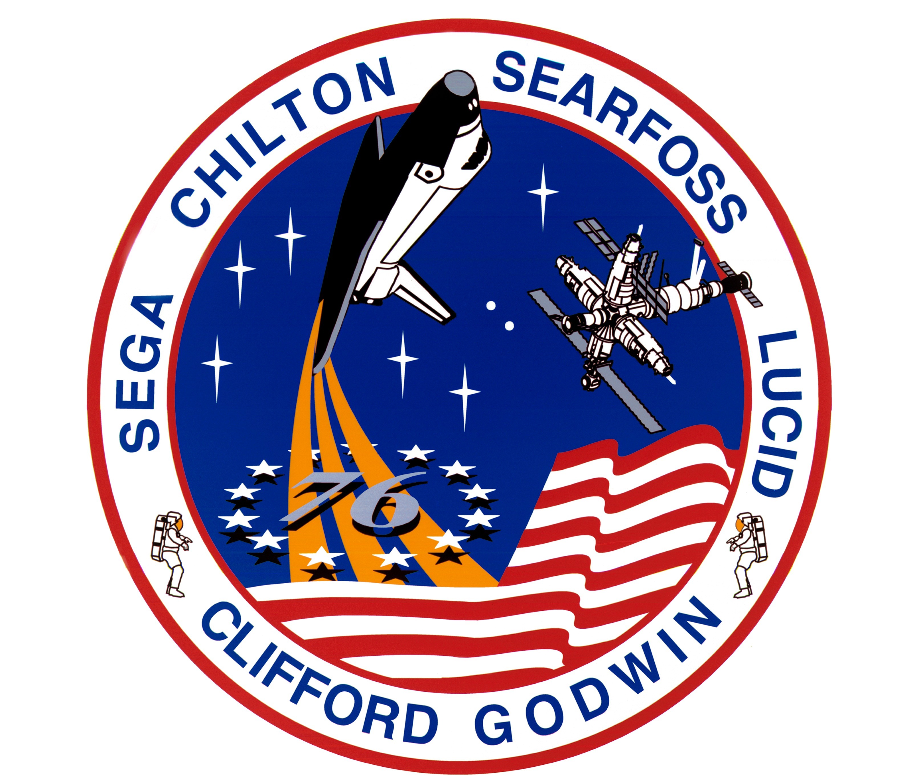 The STS-76 crew patch depicts the space shuttle Atlantis and Russia's Mir Space Station as the spacecraft prepare for a rendezvous and docking.