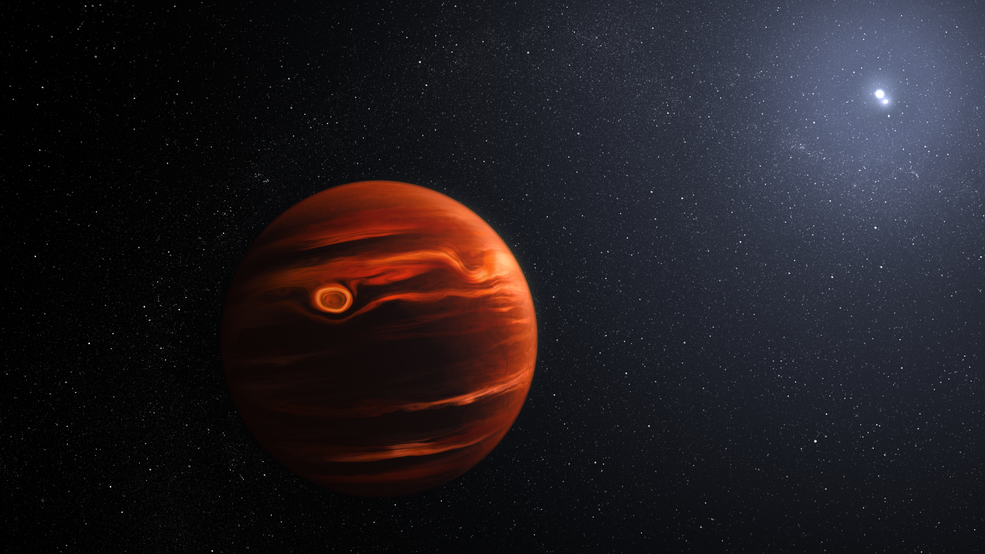 Artist illustration of an orange planet with swirling patterns (left) that orbits two distant bright stars (top right), set against a dark speckled background.