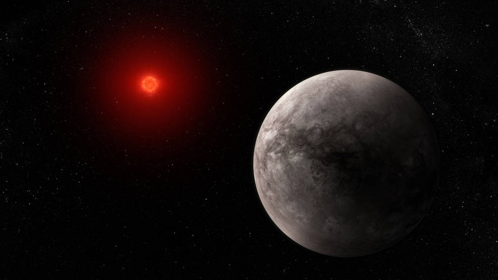 Illustration of a rocky planet and its red dwarf star on a black background. The planet is large, in the foreground on the lower right and the star is smaller, in the background at the upper left. The planet is gray. The star has a bright orange-red glow.