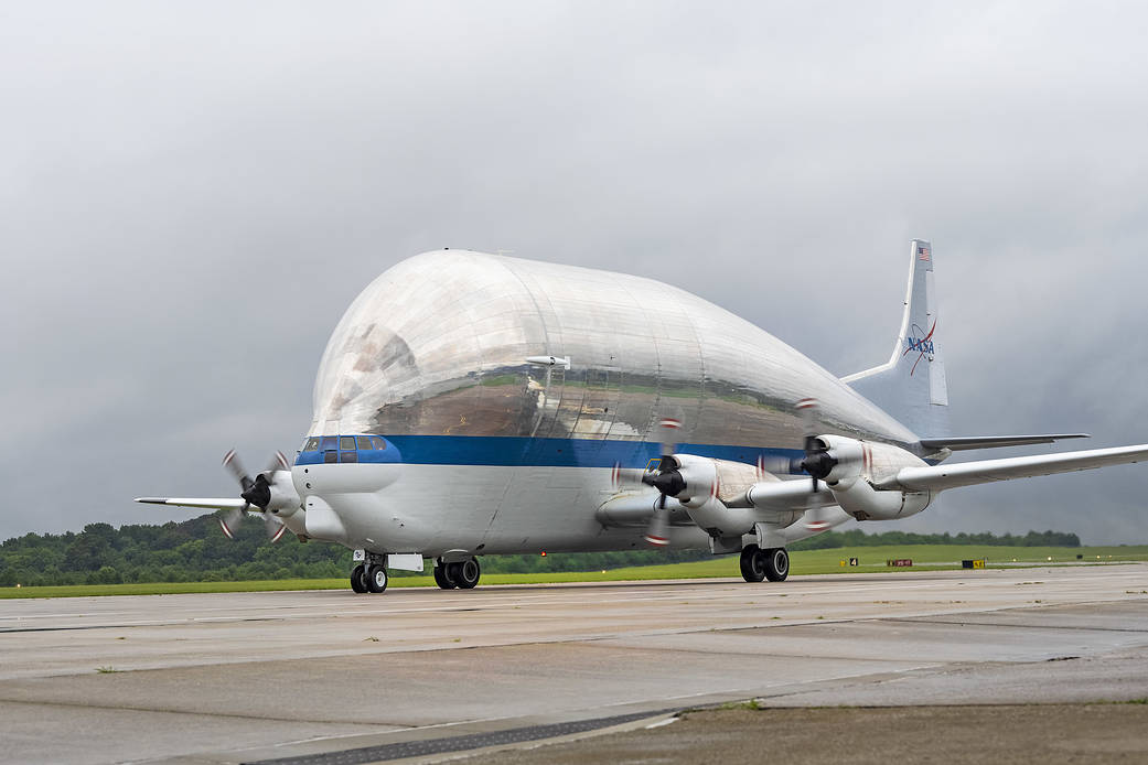 NASA's Super Guppy aircraft arrives at NASA's Marshall Space Flight Center in Huntsville, Alabama, Aug. 10. 
