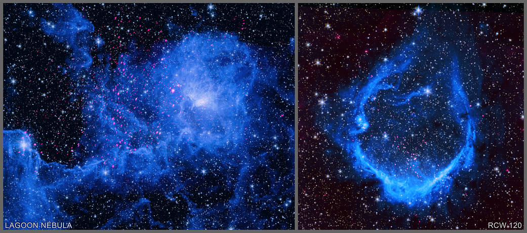 Images of two star-forming regions, the Lagoon Nebula (M8) (left) and RCW 120.