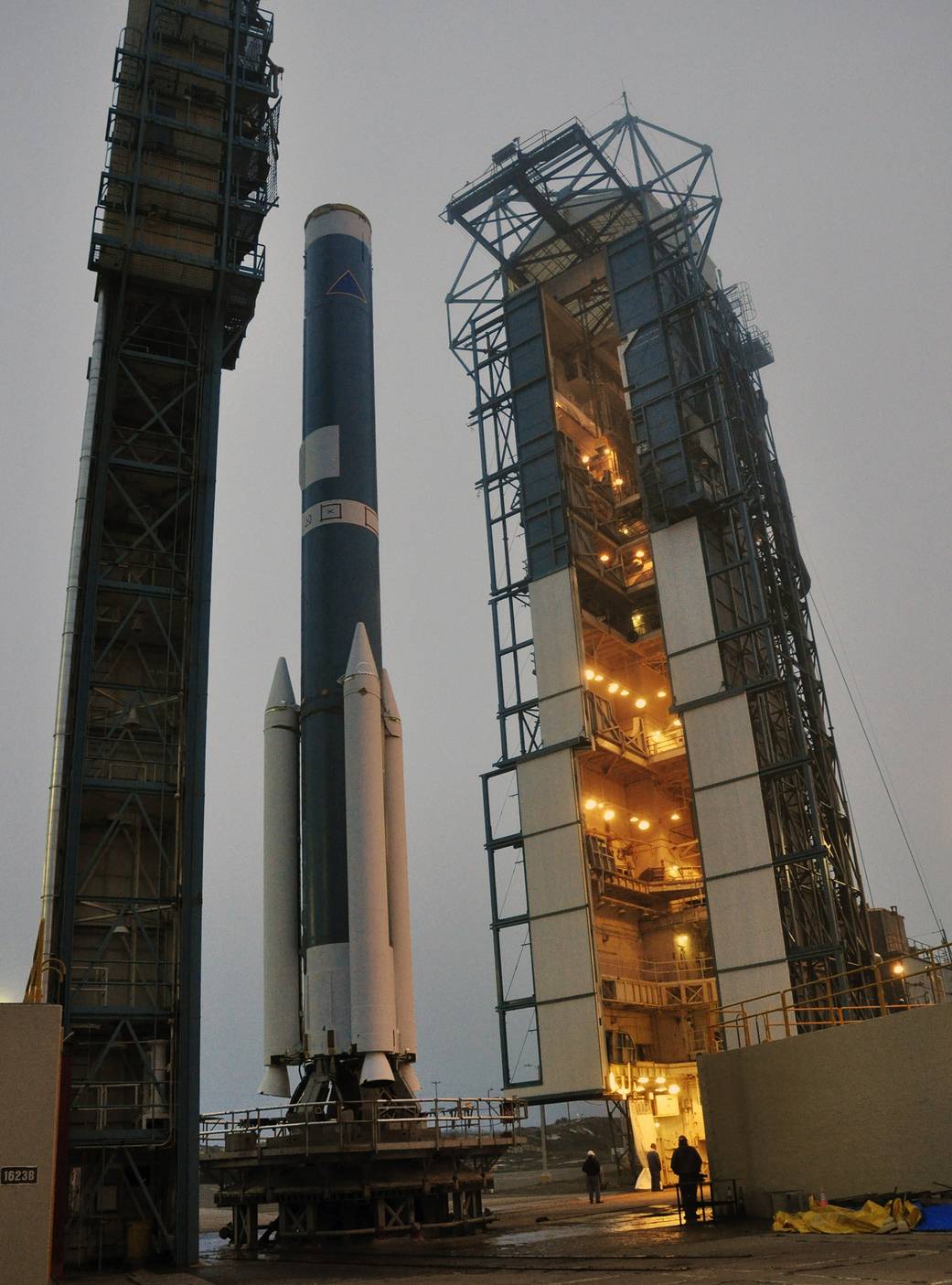 At Space Launch Complex 2 on Vandenberg Air Force Base in California, the mobile service tower rolls away from the launch stand 