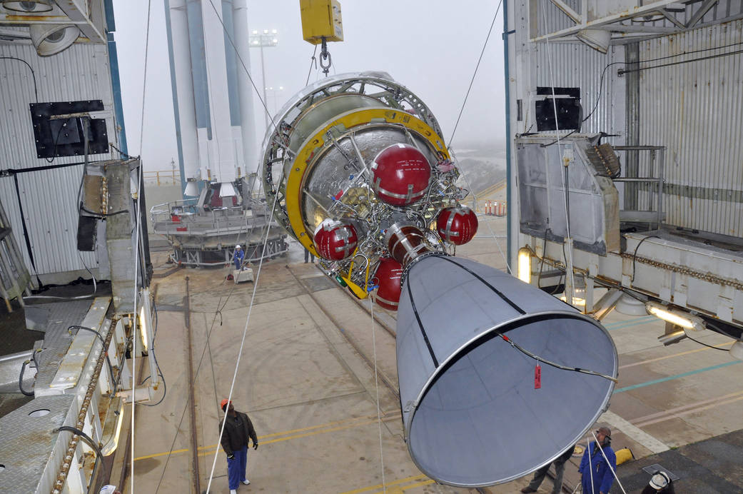 The second stage of the Delta II rocket for NASA's Orbiting Carbon Observatory-2 mission, or OCO-2, is lifted into the mobile se